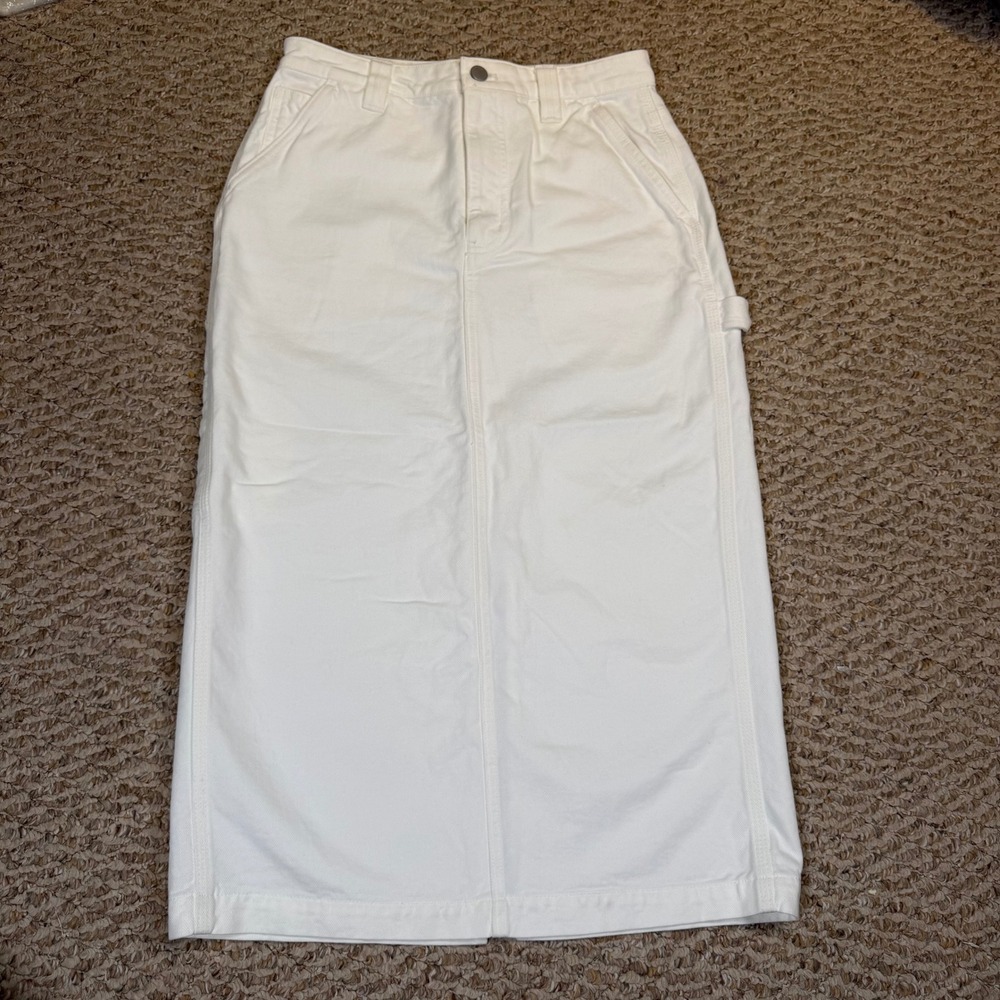 TNA Aritzia White Denim Carpenter Long Midi Maxi Skirt Utility Workwear Size 4